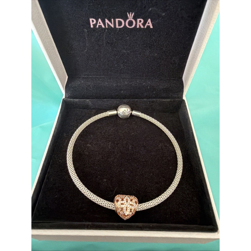 Genuine Pandora Sterling Silver Mesh Bracelet With Pandora Clasp And Heart Charm